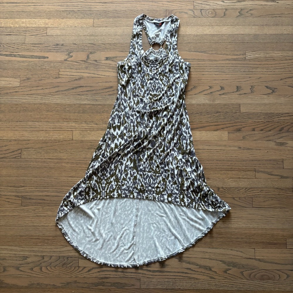 G by Guess Womens Small Green Grey Tribal High Low Racerback‎ O-Ring Dress